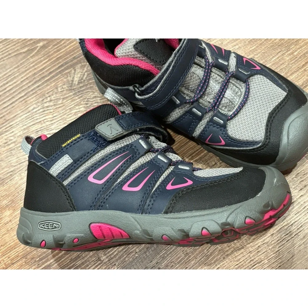 KEEN Oakridge Mid Waterproof Kids Hiking Boots Navy Gray Pink Size 12